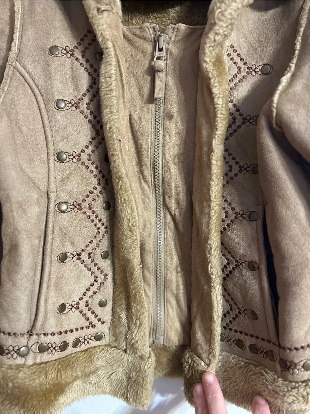 Girls' Tan Faux Suede Shearling Jacket Y2K